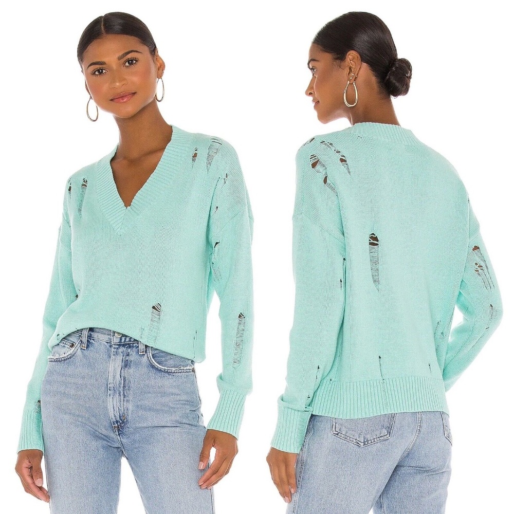 27 MILES Almira Distressed V Neck Sweater in Seaglass Green